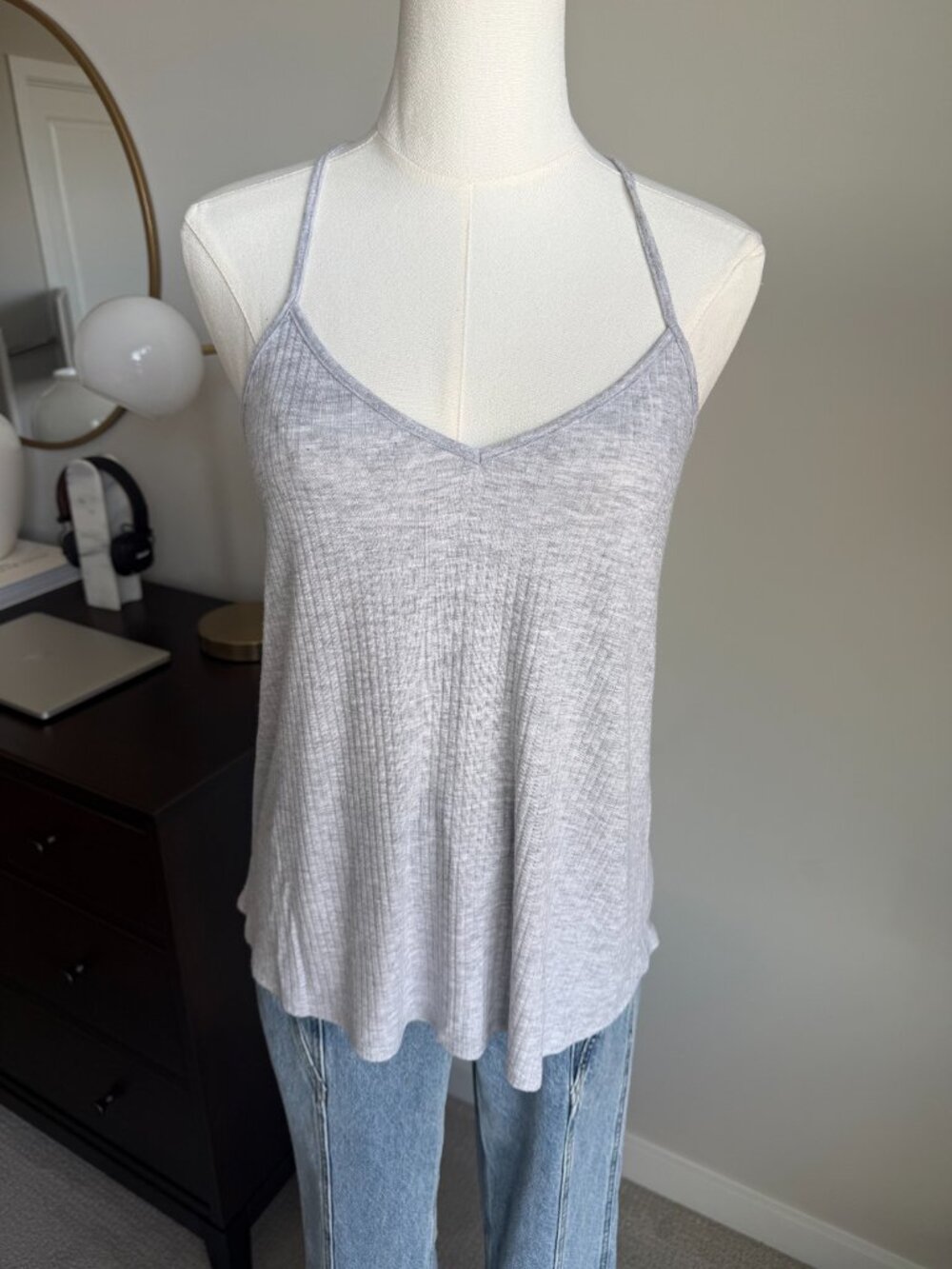EXPRESS Light Gray Ribbed Strappy Tank Top